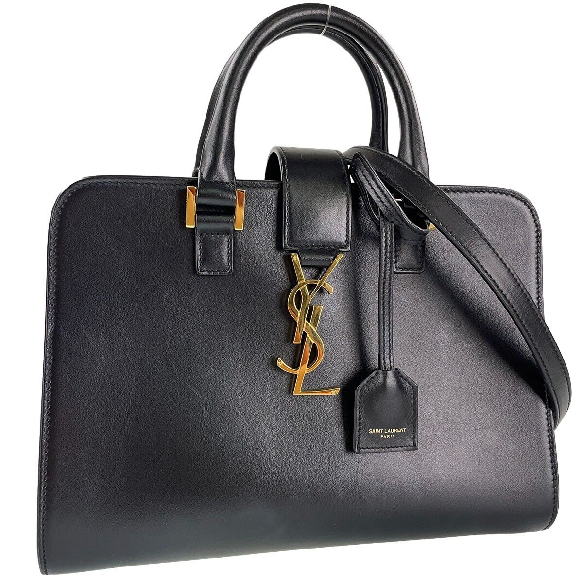 Yves Saint Laurent 2WAY Calfskin Leather Black Gold Handbag  731