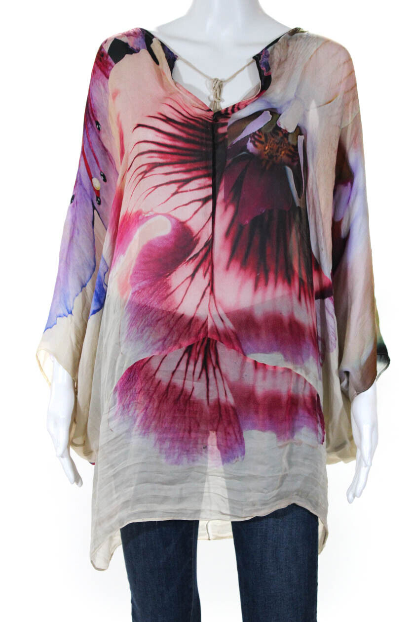 Roberto Cavalli Womens Silk Abstract Print Sheer Blouse Cream Pink Size 12