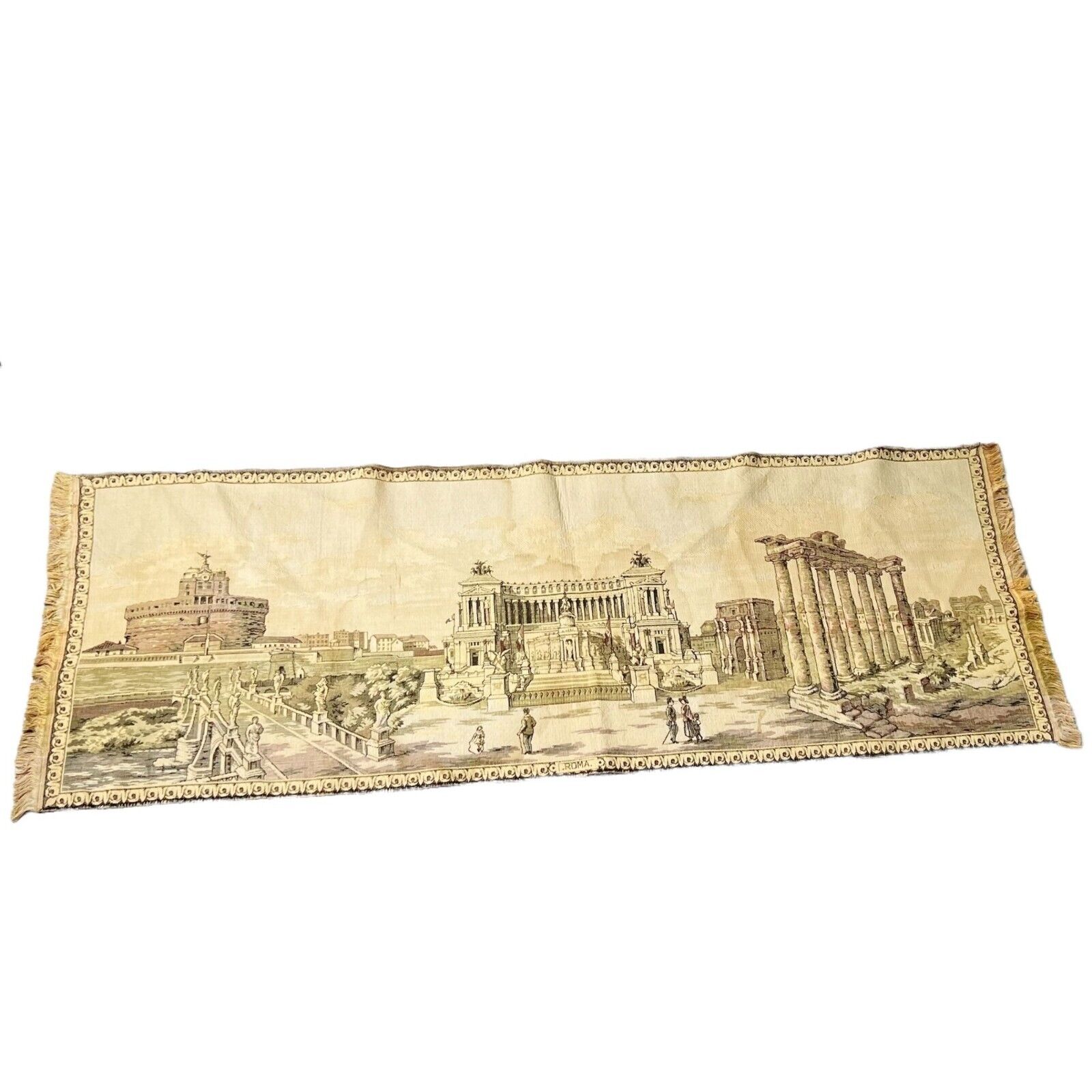 Vintage | Rome Italy Roma Landmarks Tapestry Table Runner Fringe