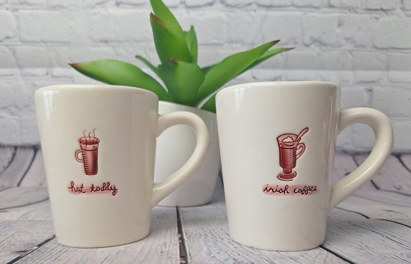 Williams Sonoma Coffee Mugs, Set Of 2, White, Red, Irish Cream / Hot Toddy