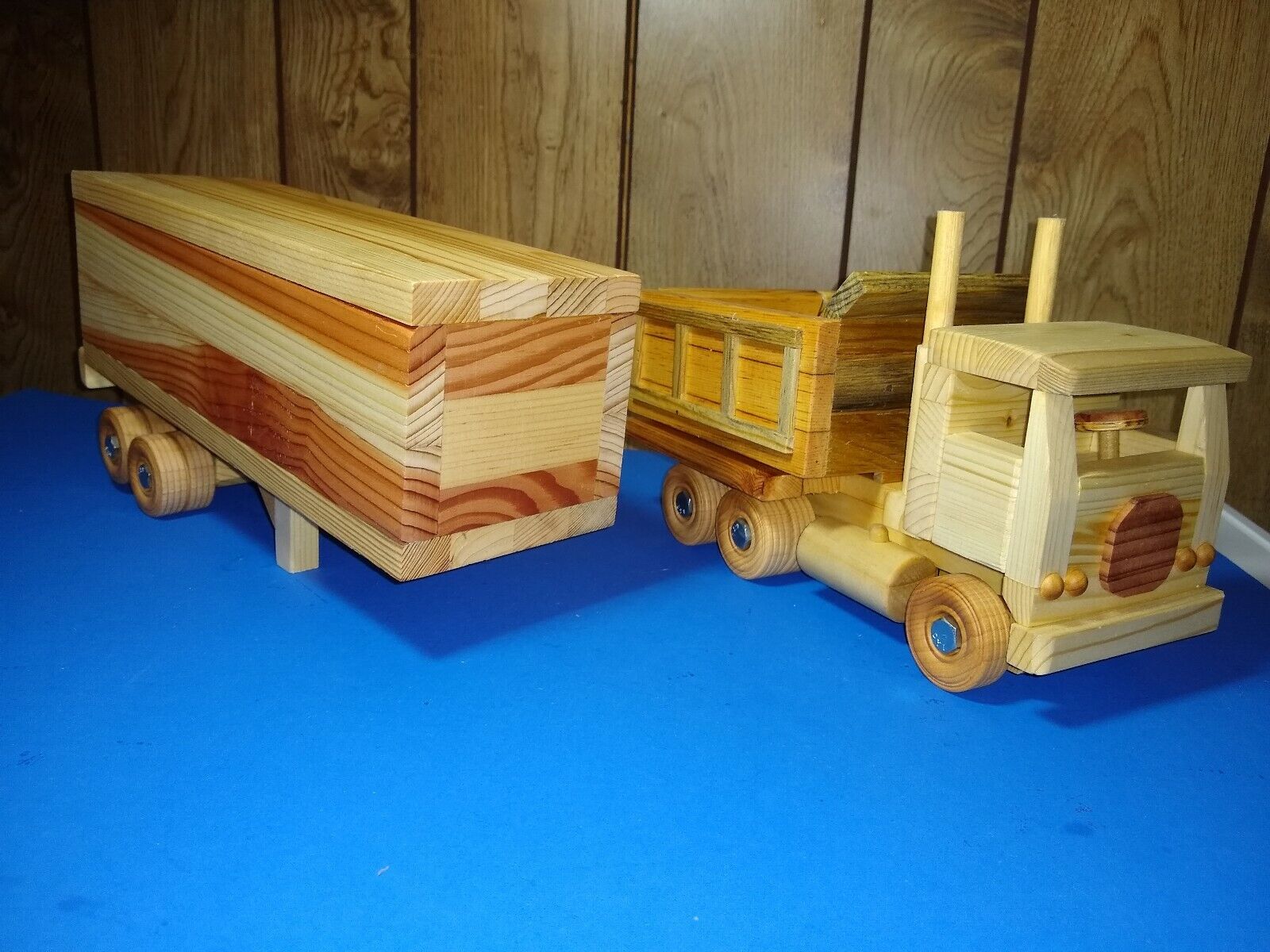 Wooden Handmade 18 Wheeler Conversation Dump/Dry Van (plus free small truck)