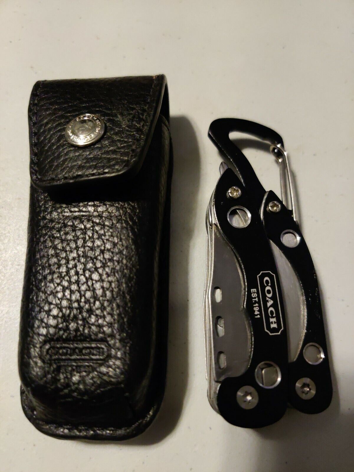 Coach Black Folding Pocket Knife Multi-Tool with Black Leather Pouch