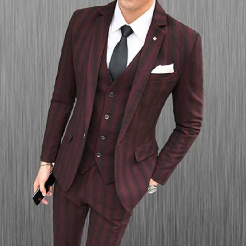 Men Blazer Coats Suit One Button Stripe Business Jacket Vest Pants 3pcs Sz Party
