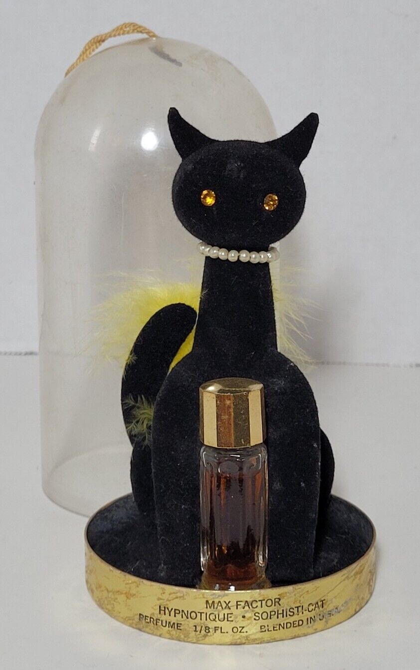 Vintage Max Factor Primitif Sophisti-Cat Perfume Black Yellow w/ Pearl Necklace 