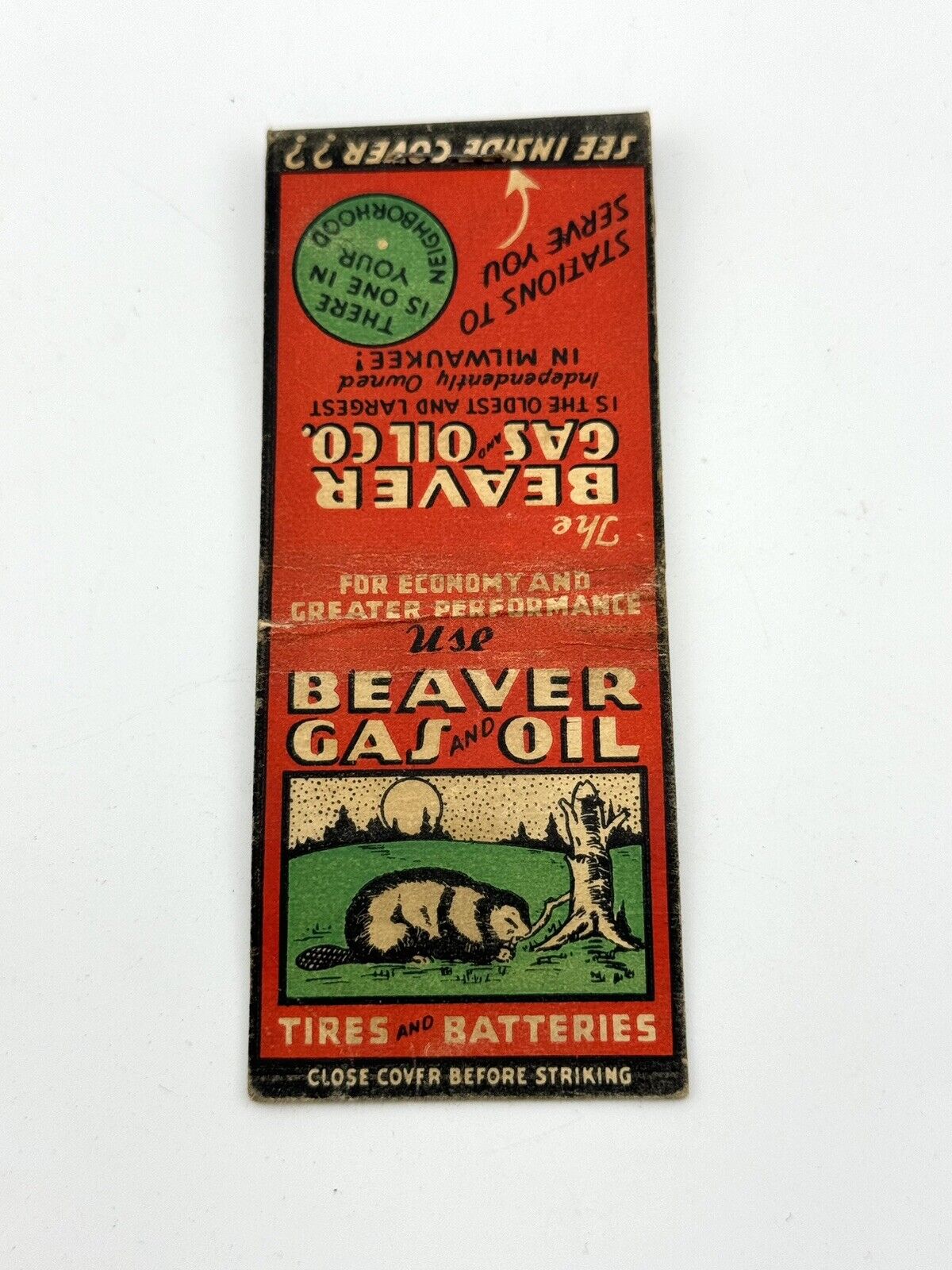 Matchbook Cover BEVER GAS AND OIL WISCONSIN BUCKY Oil Gas Advertizing NASCAR Ad
