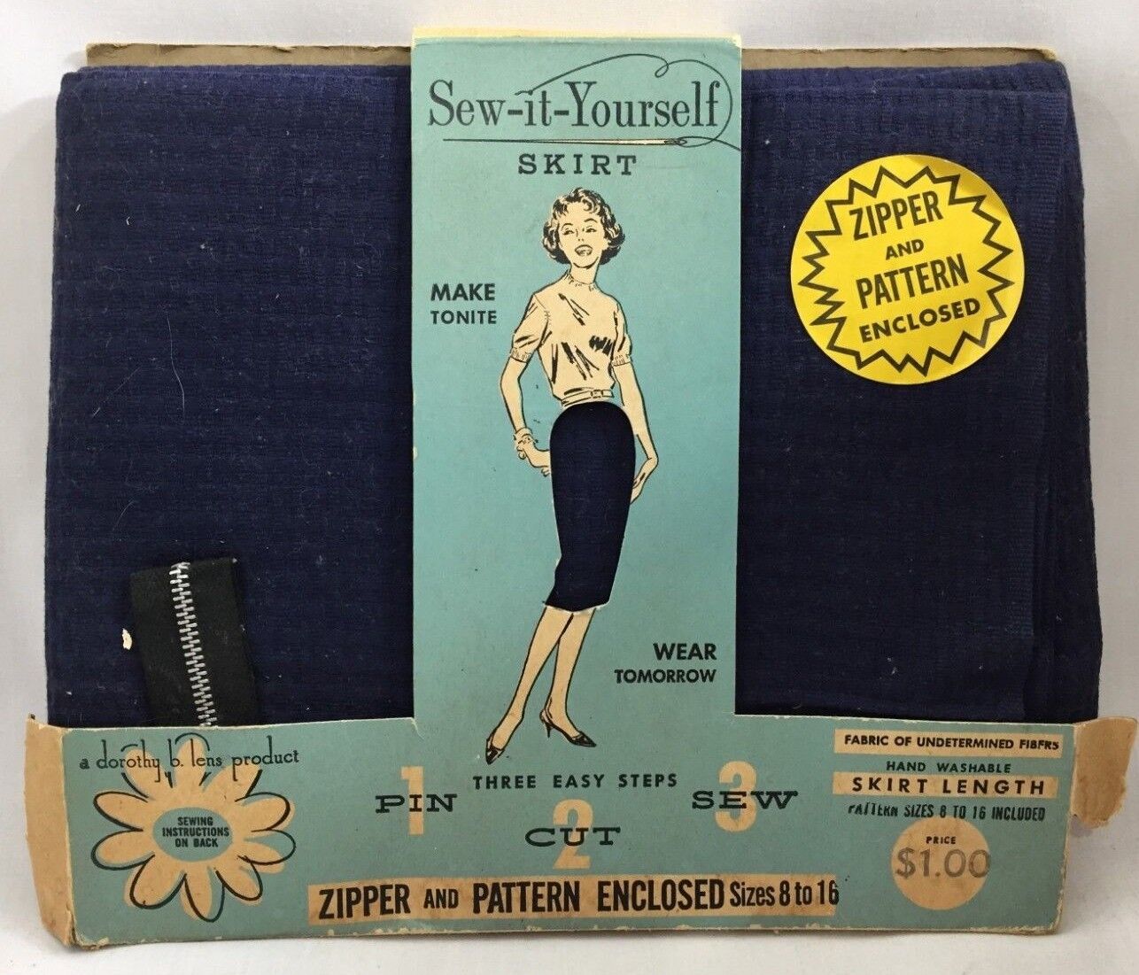 Vintage NIP 1959 Sew-It-Yourself Skirt Kit Navy Blue Textured Weave Sz 8-16 3696