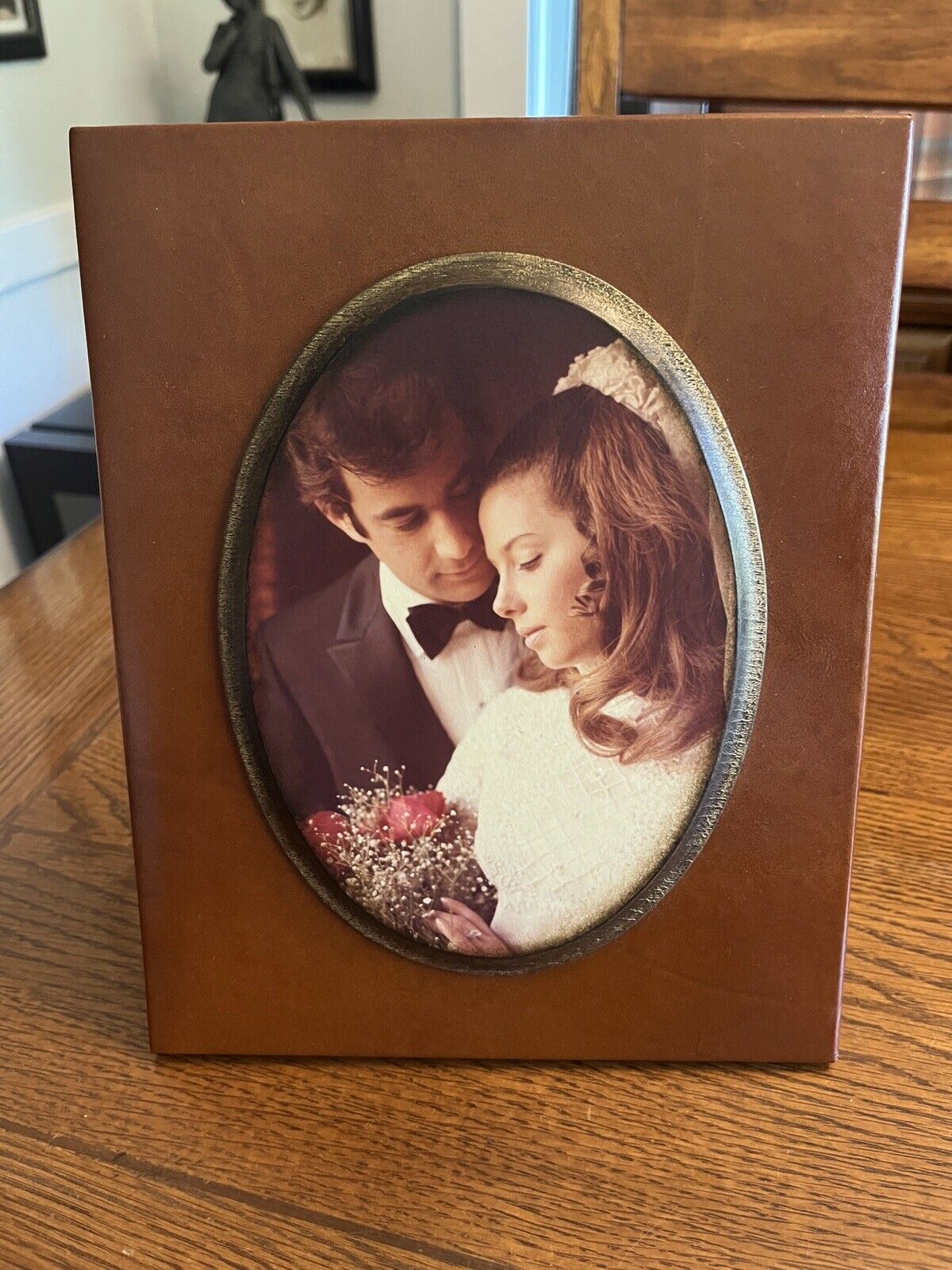 Vintage Brown Cowhide 1960s 70s Framed Wedding Couple Photo MCM Retro Kitsch