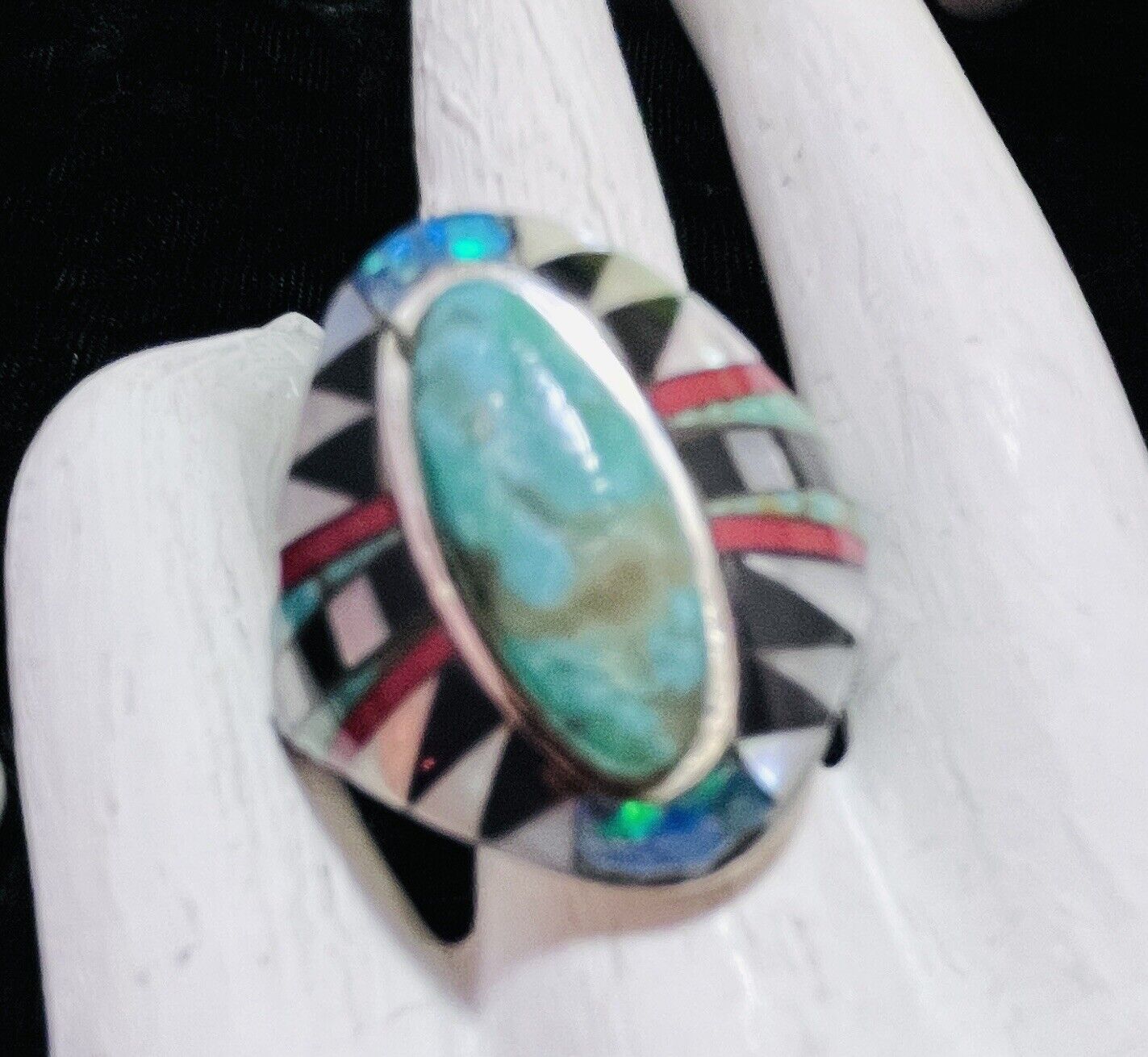 Navajo Sterling Turquoise Coral Onyx And Opal Ring #840 SIGNED