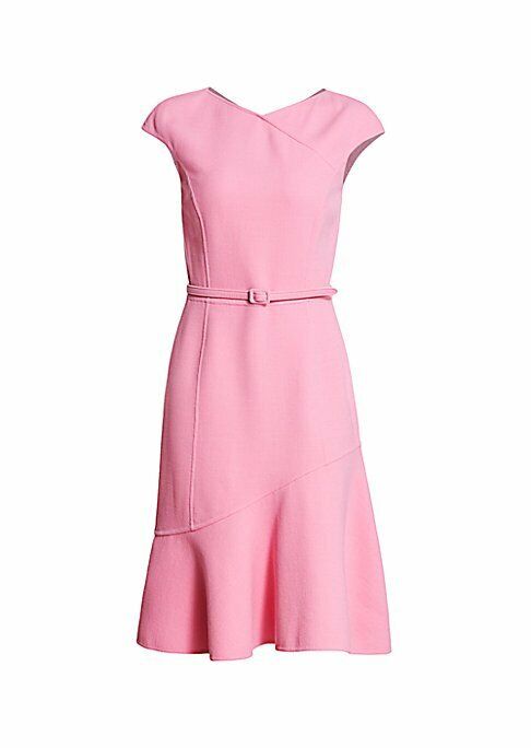 $2390  Oscar de la Renta Dress Ruffle Hem Belted Crepe  Midi Sz 12 Begonnia Pink