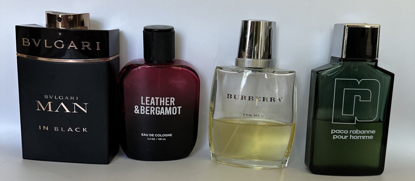 4 Men's Fragrances Collection Bvlgari Man In Black, Burberry, Paco Rabanne & Mor
