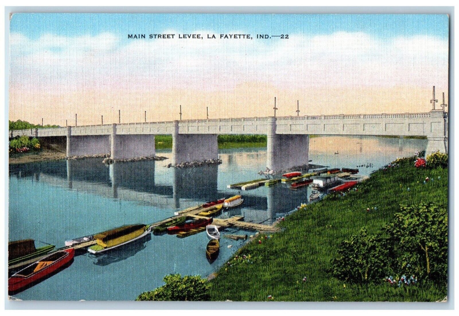 c1940's Boat Scene Main Street Levee La Fayette Indiana IN Vintage Postcard