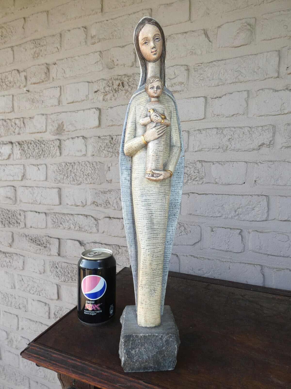 LArge 1950 french stoneware Madonna child figurine statue