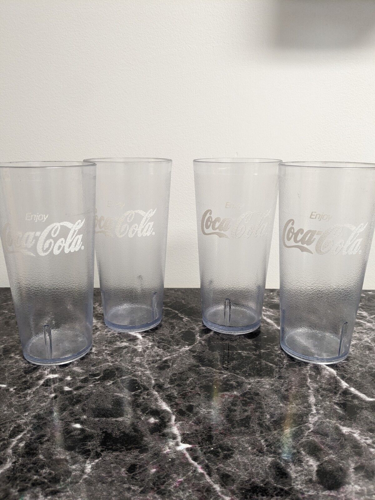 Set of 4 Vintage 1990’s  Clear Plastic Coca-Cola Tumblers G.E.T. 