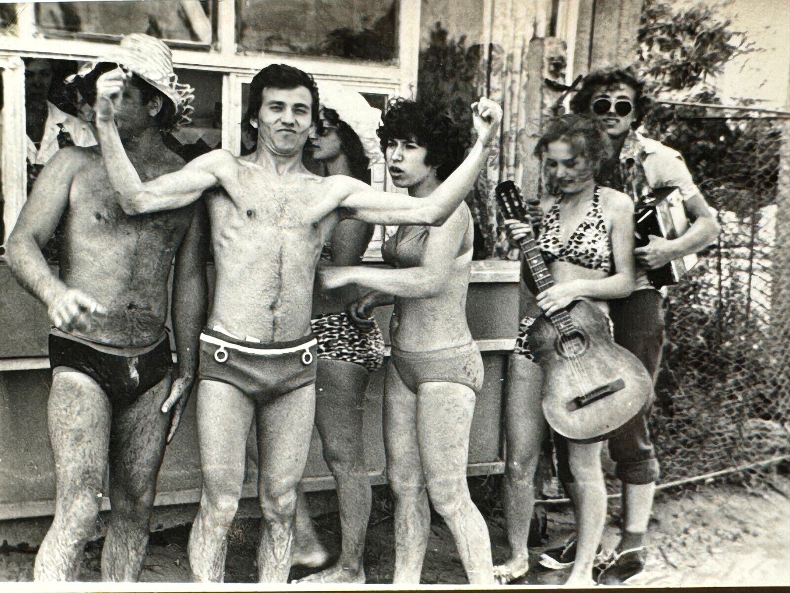 1980s Shirtless Guys Young Men Trunks Bulge Women Guitar Vintage Photo Snapshot