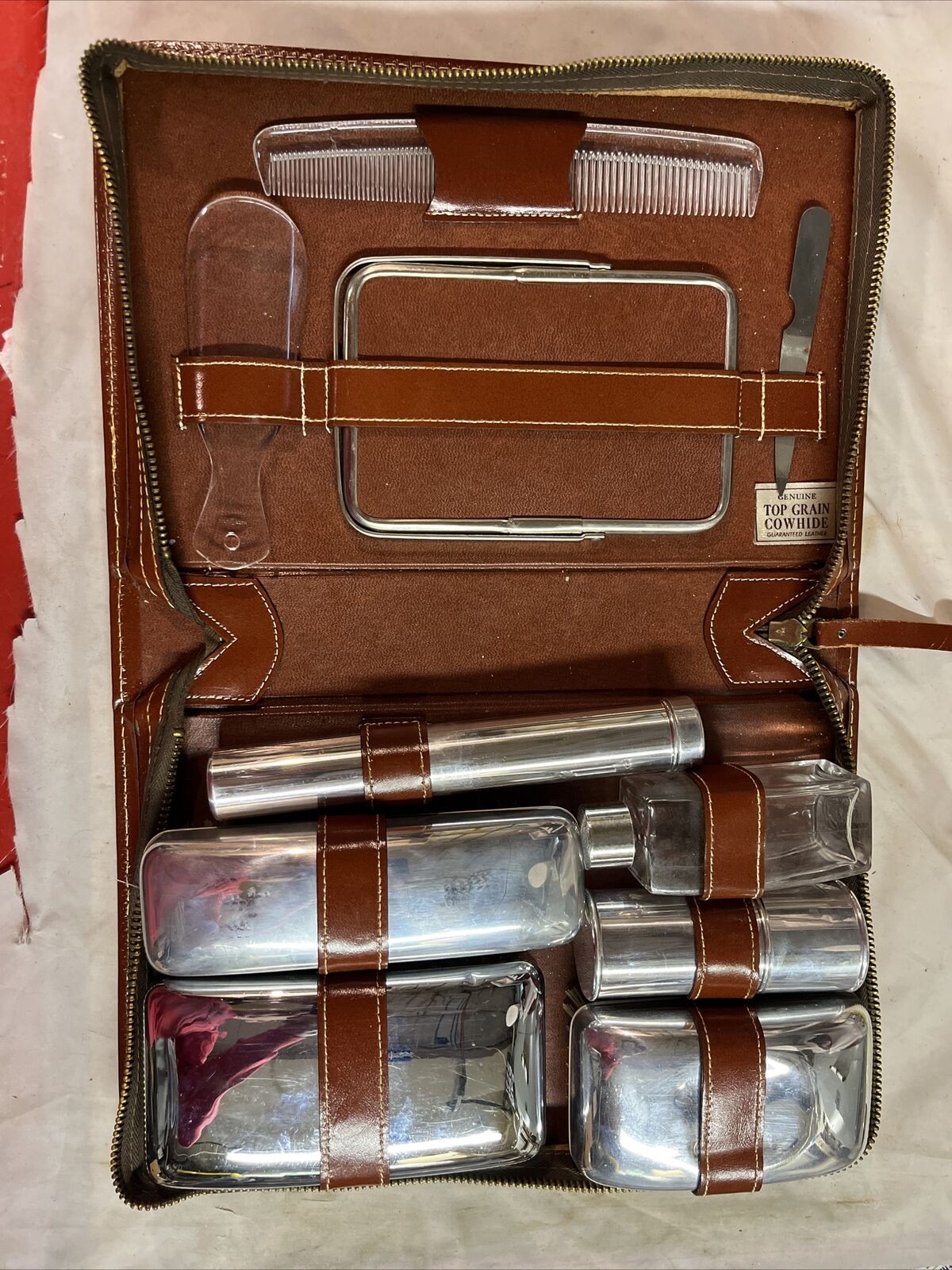 Vintage Men\'s Travel Grooming Kit Cowhide Leather Case Toiletry Kit