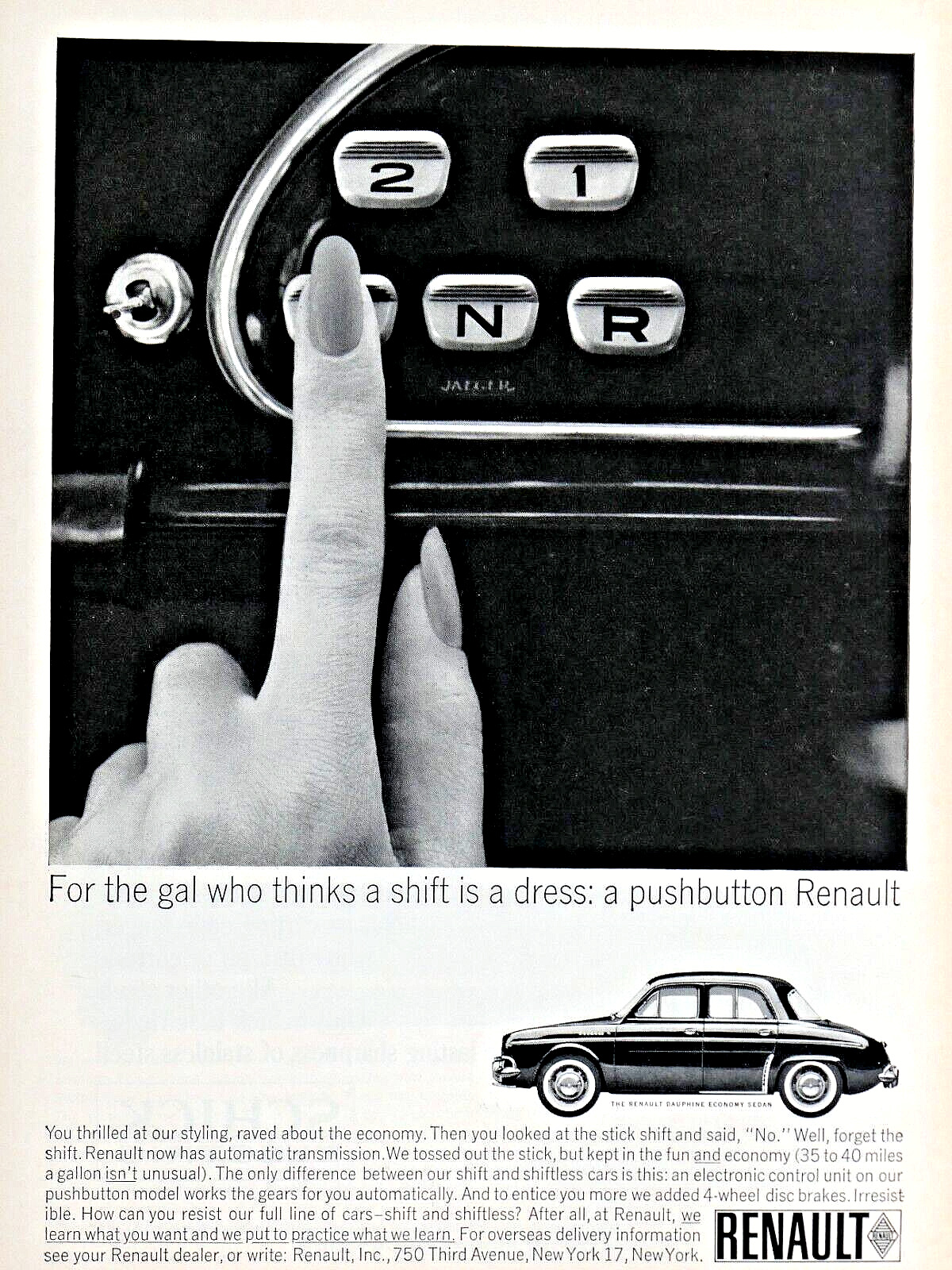 1964 Renault Jaeger Pushbutton Panel Vintage A Lady\'s Touch Original Print Ad