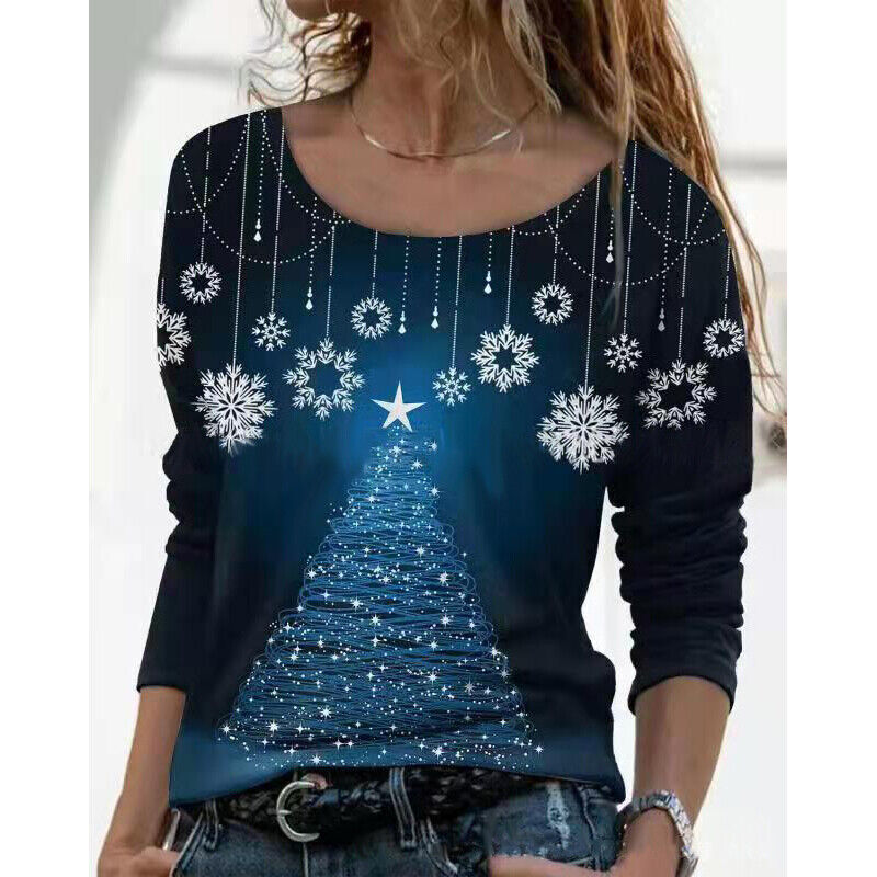 Plus Size Women Christmas Print Long Sleeve Tops Casual Loose Shirt Pullover Tee