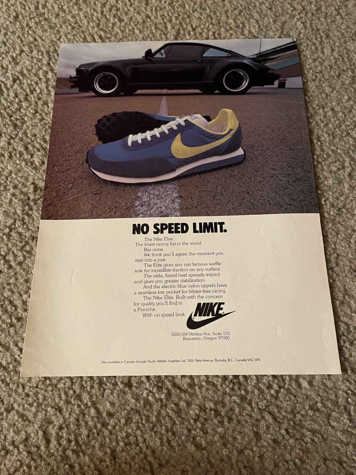 Vintage 1978 NIKE ELITE Running Shoes Poster Print Ad 1970s vs. PORSCHE RACE CAR