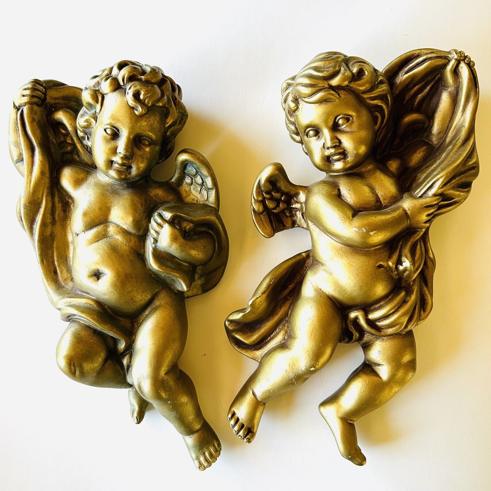 VTG HOMCO Cherubs Angels Hollywood Regency Gold Wall Decoration Set Of 2-10.5x5”
