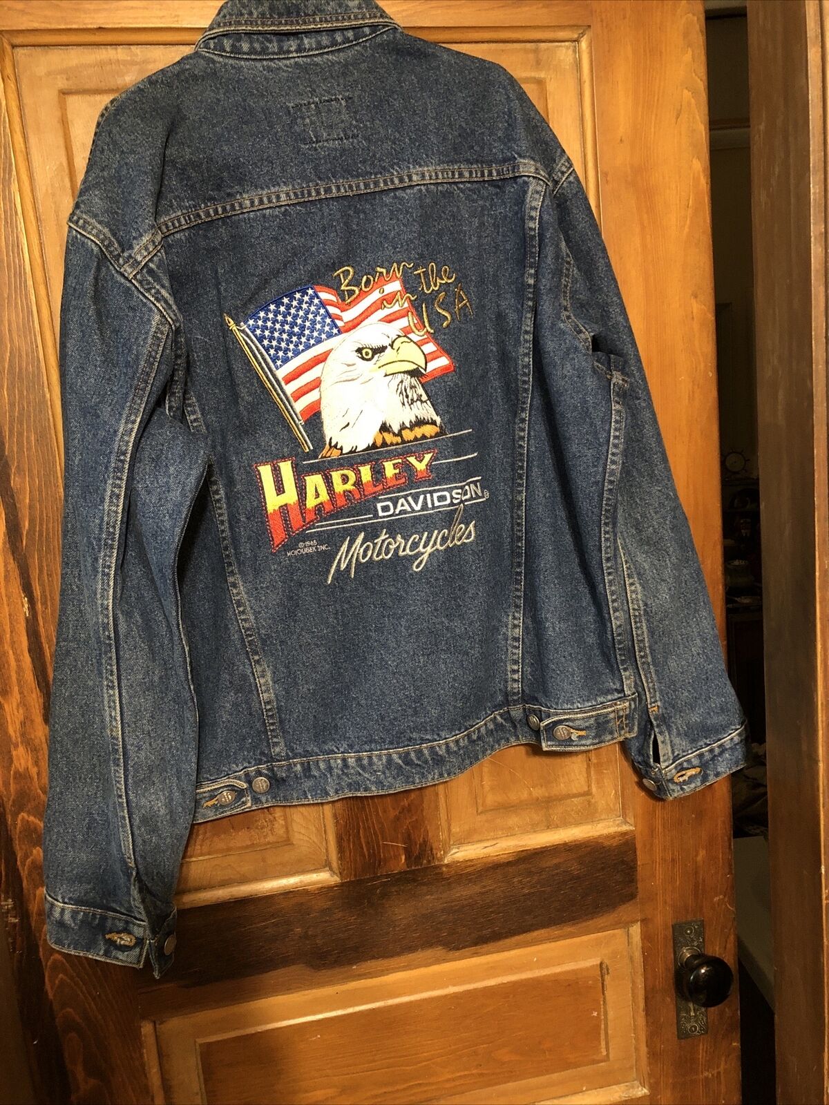1985 BORN IN THE USA HARLEY DAVIDSON Full Back Color Embroidery Sewn Jean Jacket