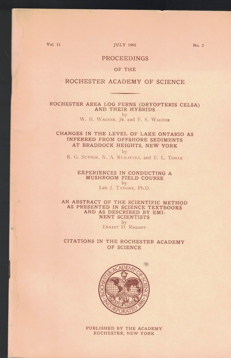 Proceedings of Rochester Academy of Science July 1965  Braddock Heights NY