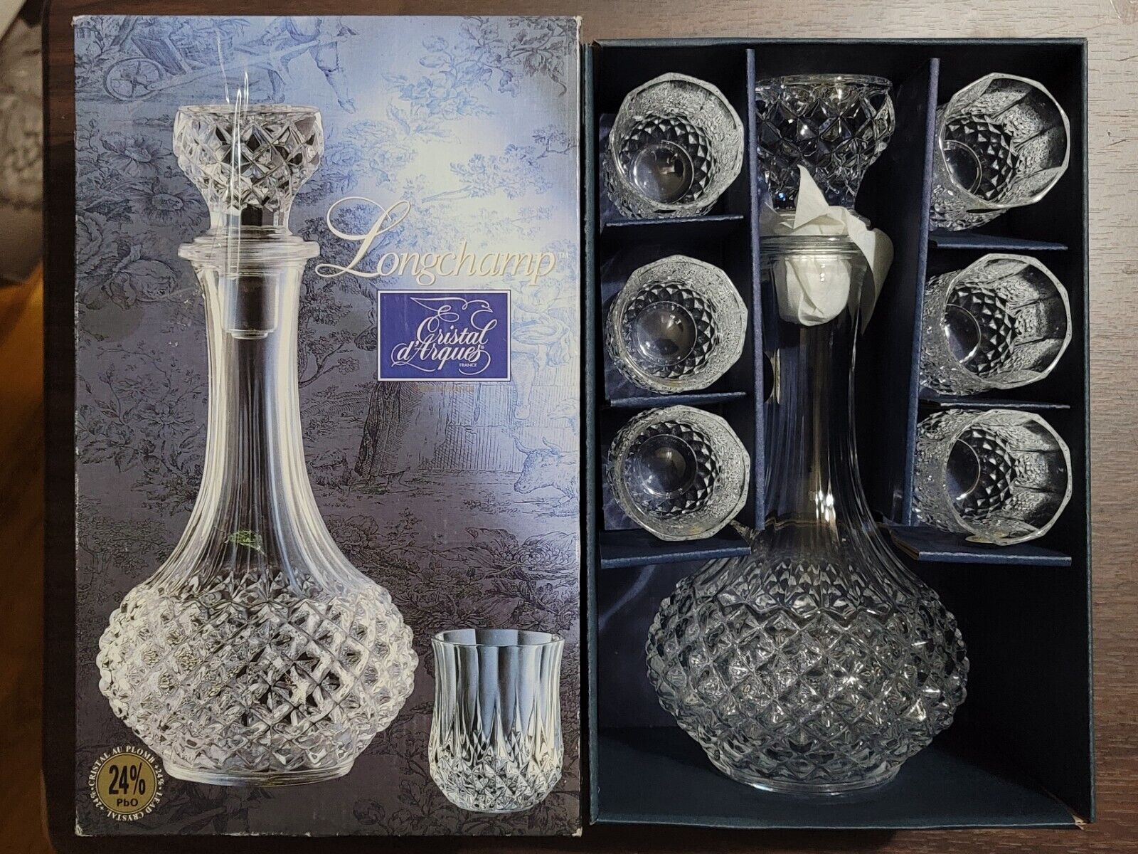 Cristal D\'Arques-Durand Longchamp Clear 7 Pc. Decanter & Shot Glass Set NIB