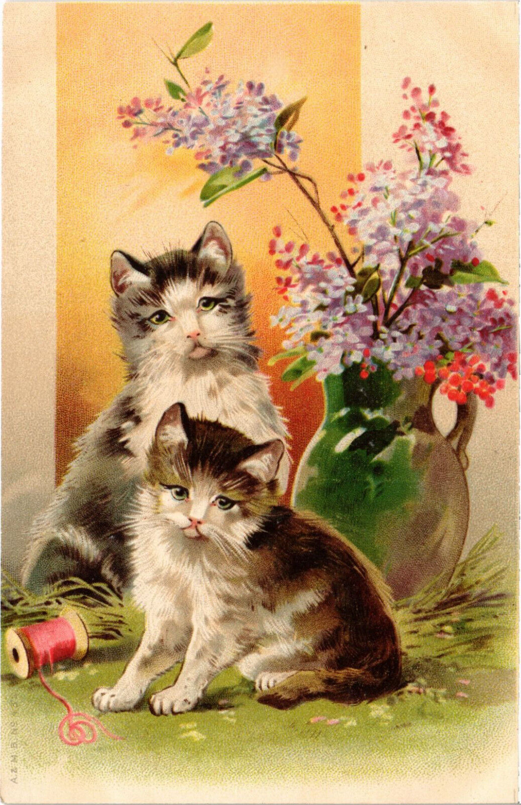 PC CATS, TWO CATS WITH FLOWERS, Vintage LITHO Postcard (b46675)