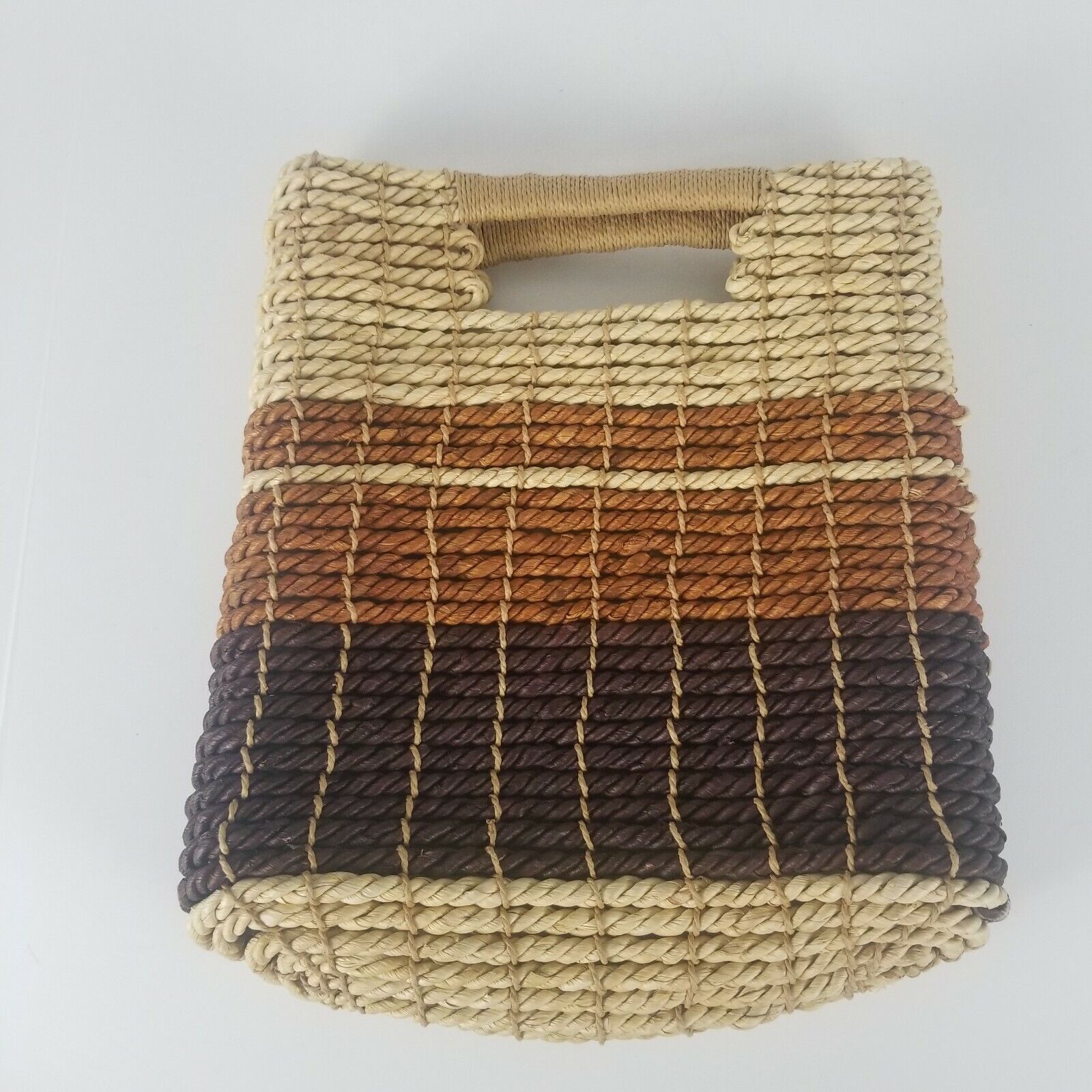 Boho Straw Tote Bag Purse Colorblock Brown Tan 12×14