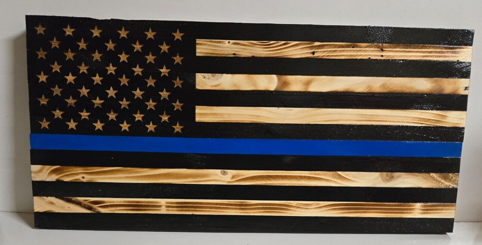 Police wooden flag with blue line made in North Georgia Mountains USA
