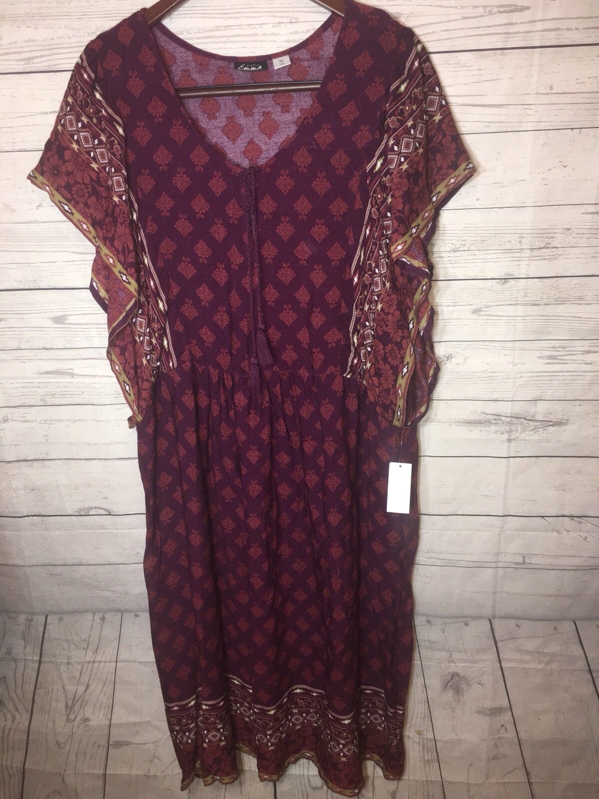 Simply Emma Size 1X Wine Batwing Sleeve Peasant Boho Campesine Print Dress