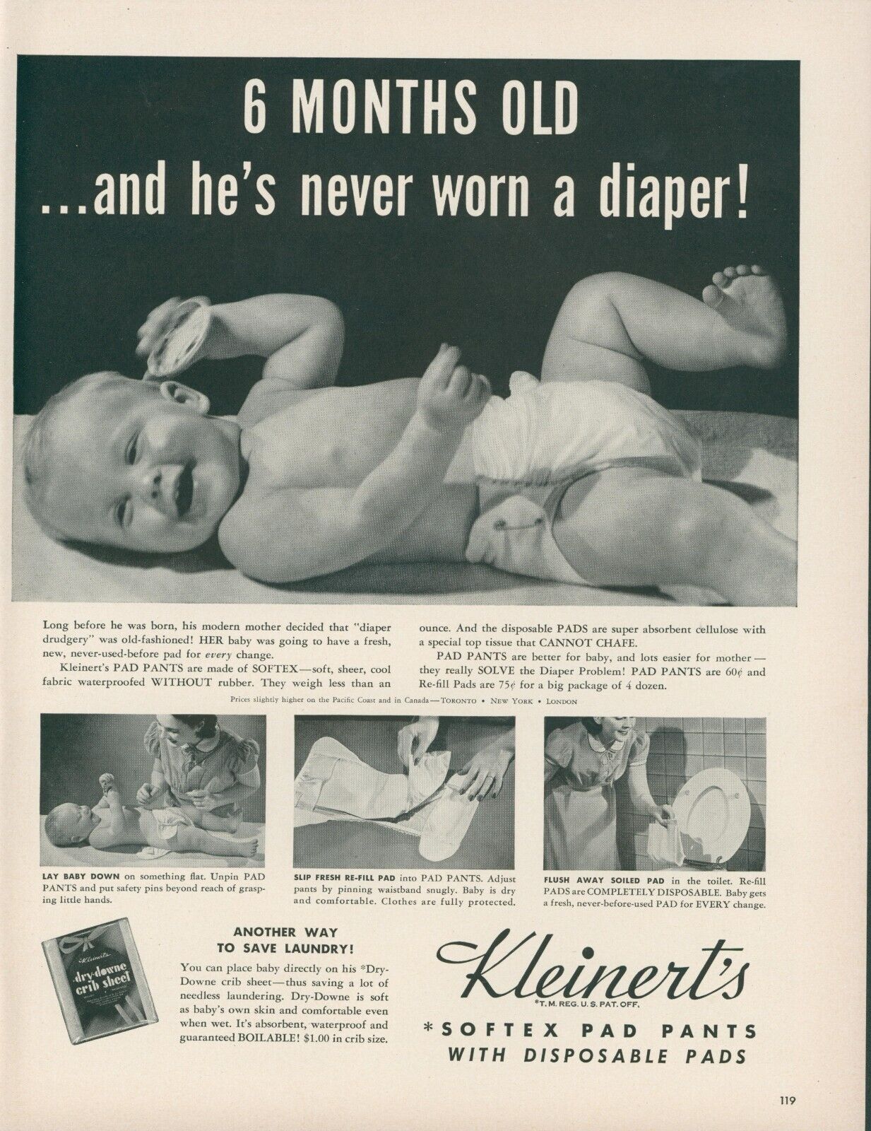 1941 Kleinert\'s Softex Pant Pads No Diaper Drudgery Baby Vintage Print Ad L4