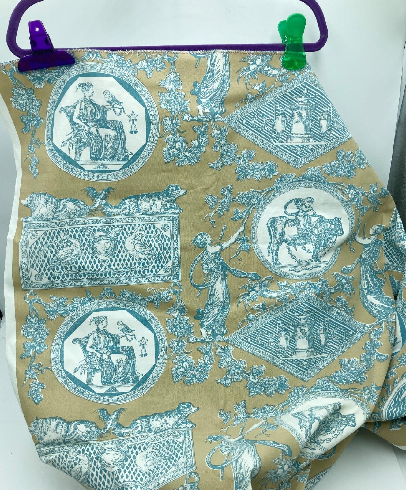 Vtg Scalamandre Fabric Remnant Directoire Toile Blue and Gold 48 x 45 in