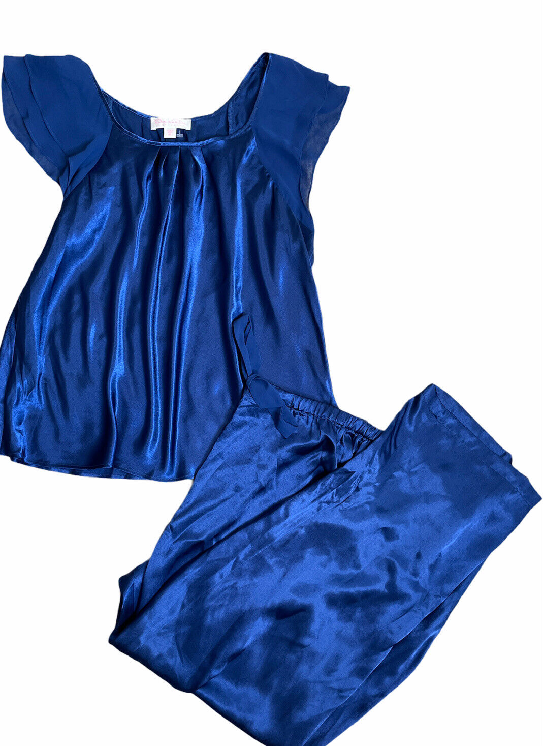 Oscar de la Renta pink label Blue Satin Pajamas XL chiffon Sleeves
