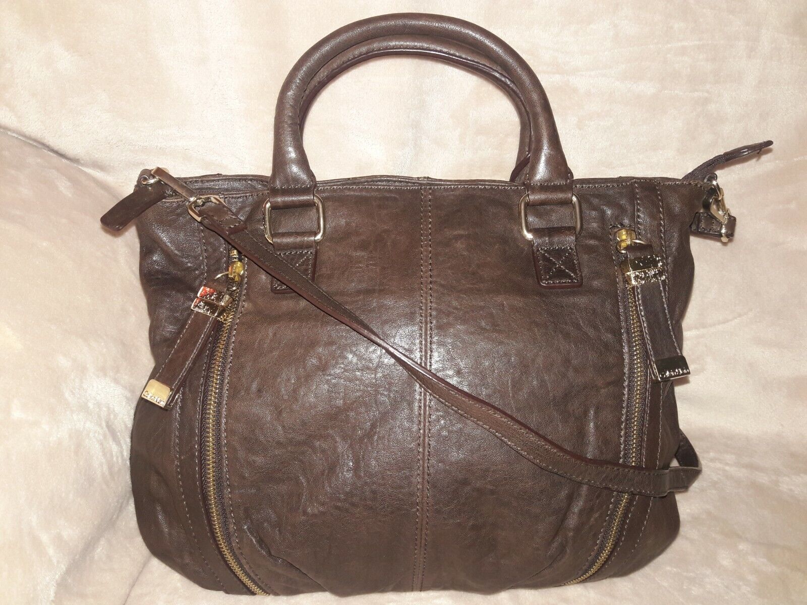 Calvin Klein Soft Pebbled Genuine Leather Brown Purse Shoulder Bag Satchel15×11\