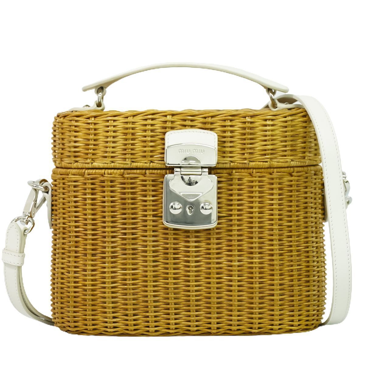 Miumiu Miu 2Way Basket Bag Shoulder Handbag Pochette Straw Leather Brown White