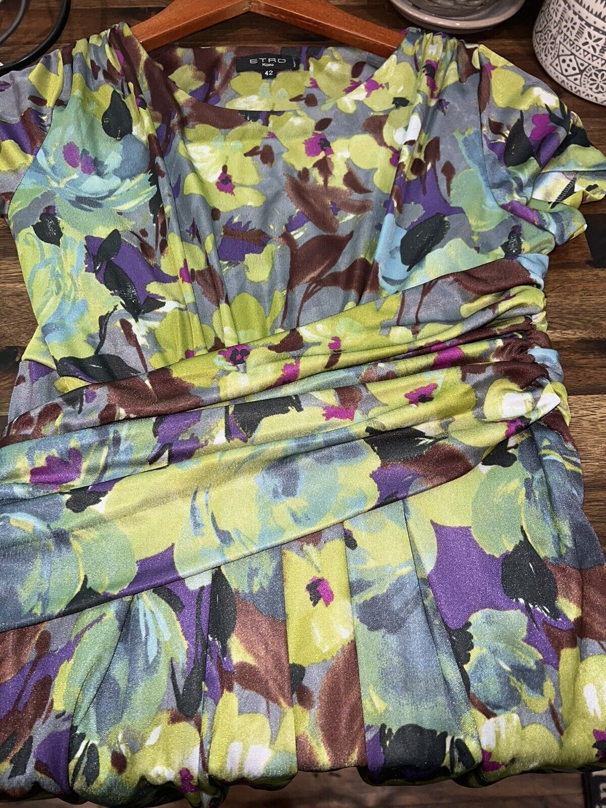 ETRO Milano Italy Green Purple Floral Ruched Waist SS Dress Size 42 4/6 Small