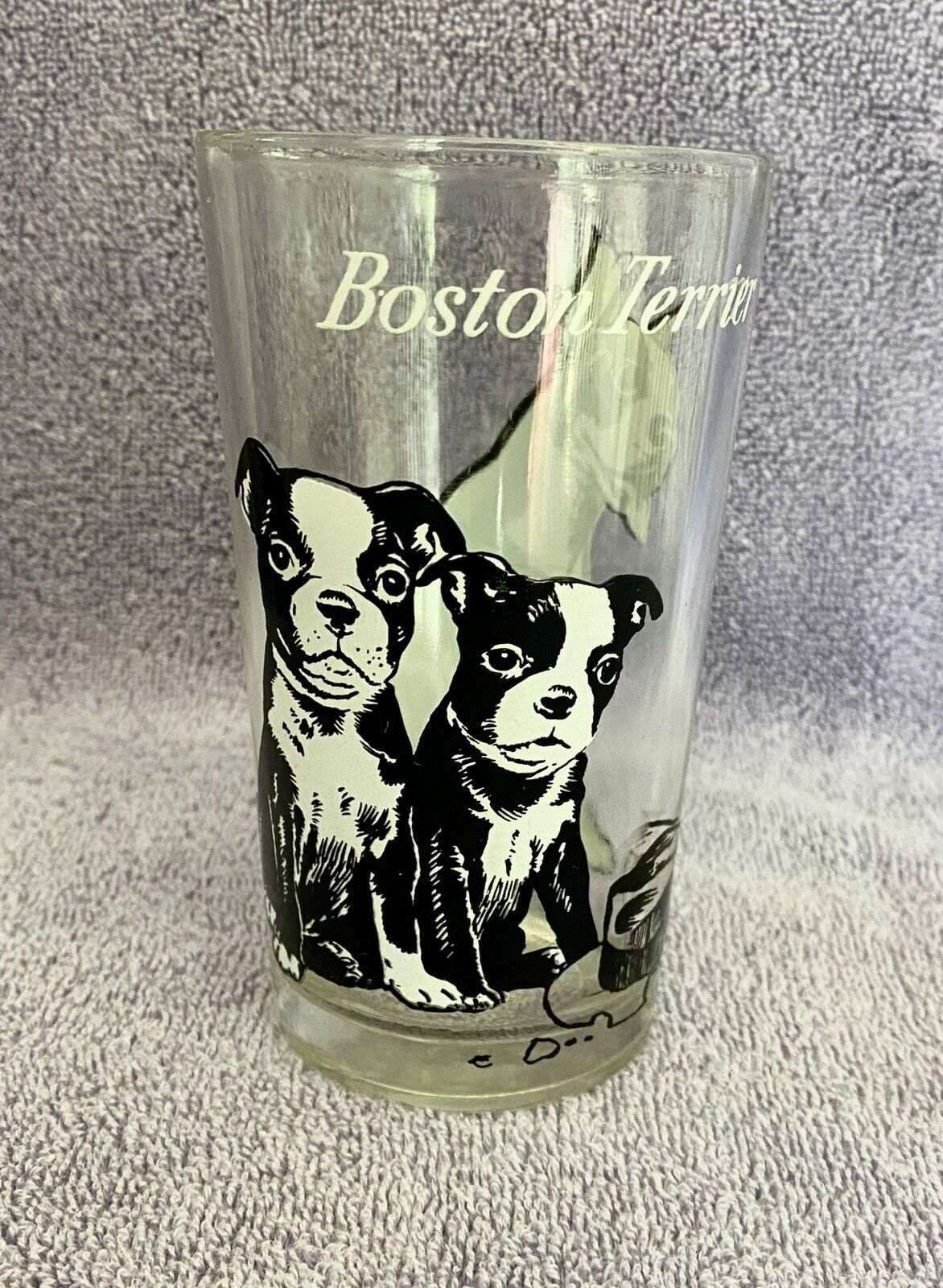 VINTAGE BOSTON TERRIER DRINKING GLASS PUPPIES ATE HAT MOM ON OPPOSITE SIDE
