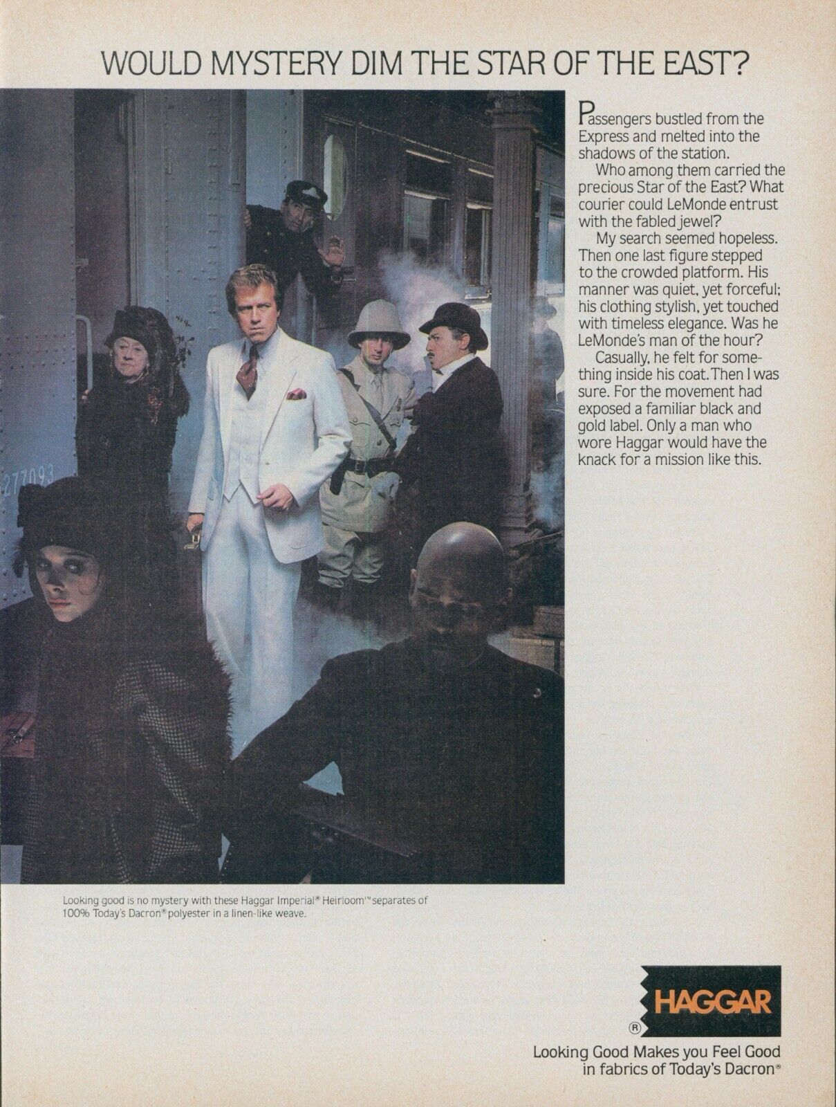1979 Haggar Mystery Man Train Station Star of East Dacron Vintage Print Ad SI3
