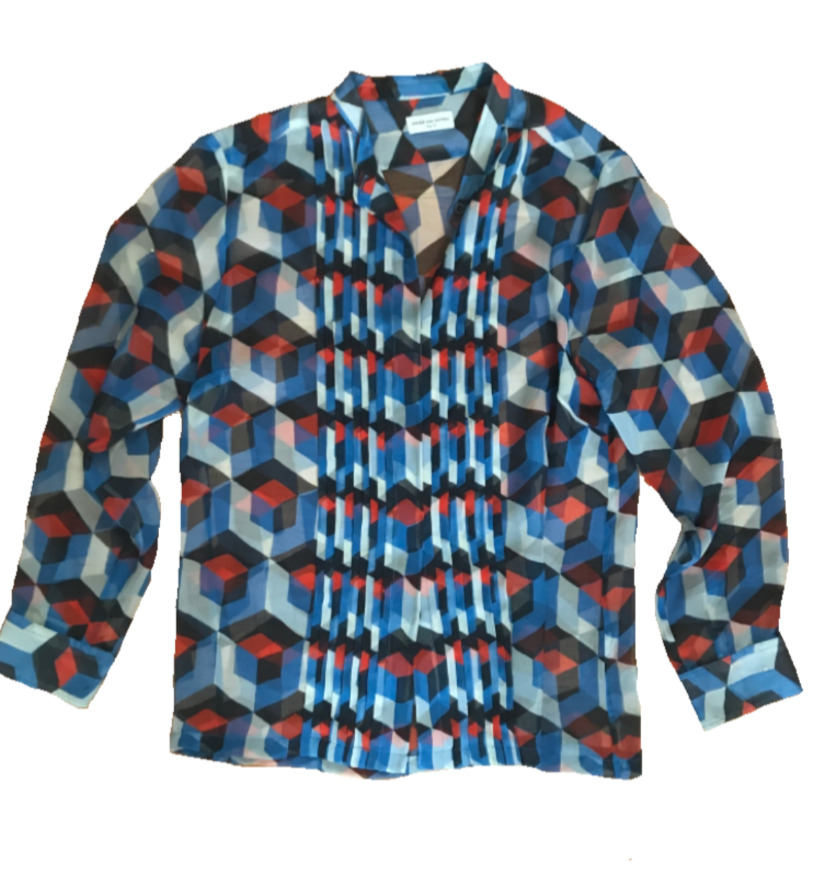 Dries Van Noten silk blouse blue geometric disco 40 S-M EUC