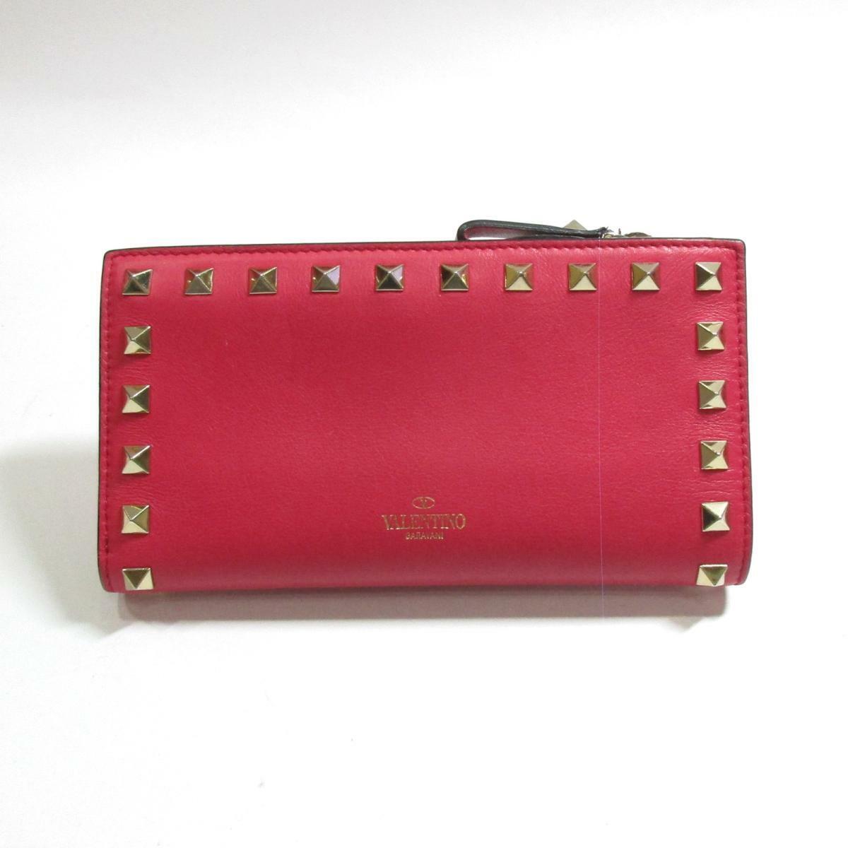 Authentic VALENTINO long wallet Purse Calf leather Pink Used studs
