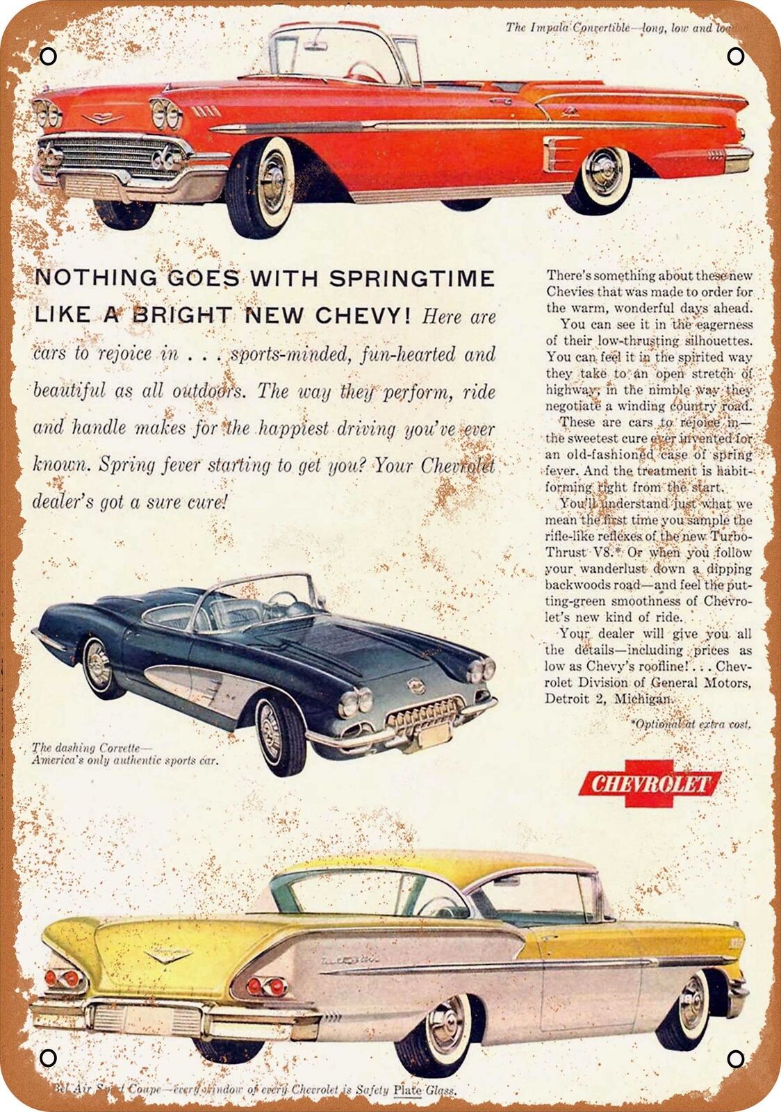Metal Sign - 1958 Chevrolet Impala Bel Air Corvette - Vintage Look Reproduction