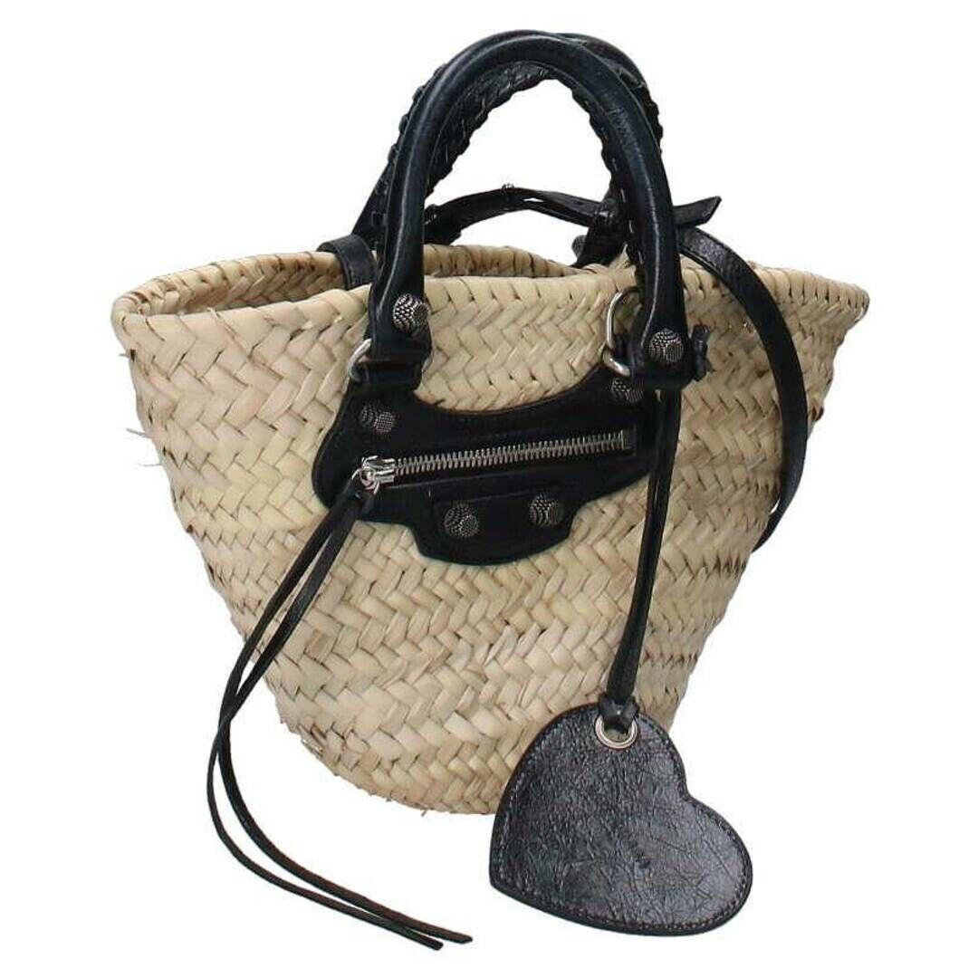 Balenciaga 771065 Leather Switching Raffia Basket Handbag With Mirror Used Rare