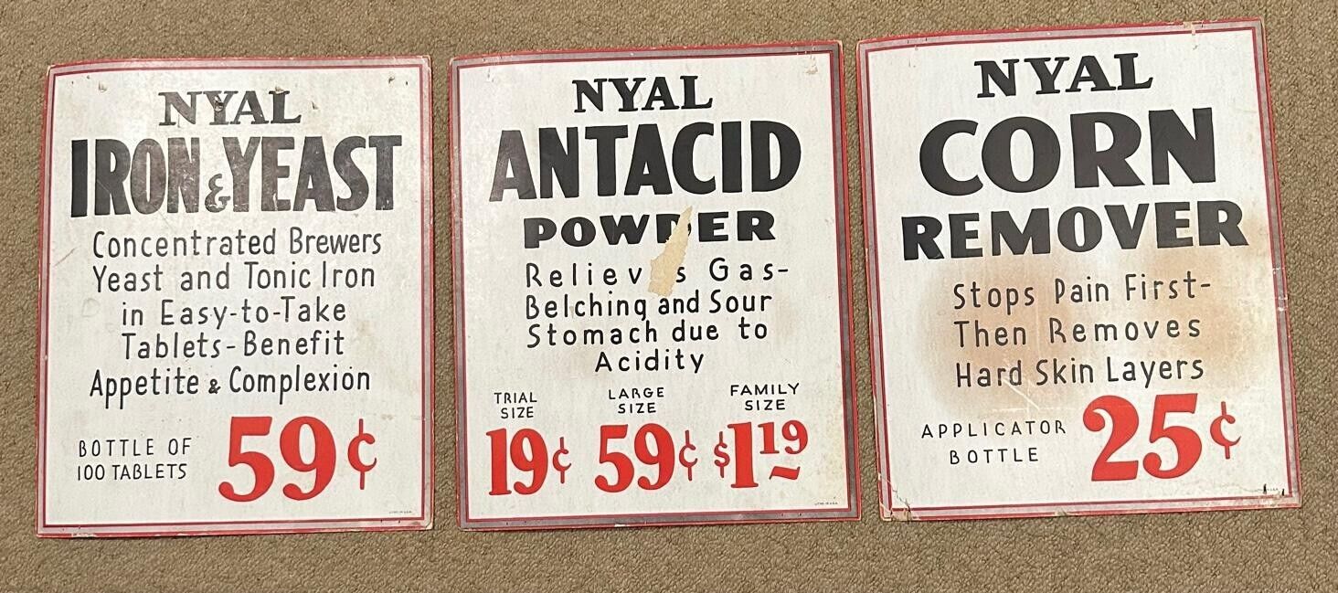3 Vintage NYAL Drug Store Sign Cardboard Display Corn / Antacid / Iron & Yeast