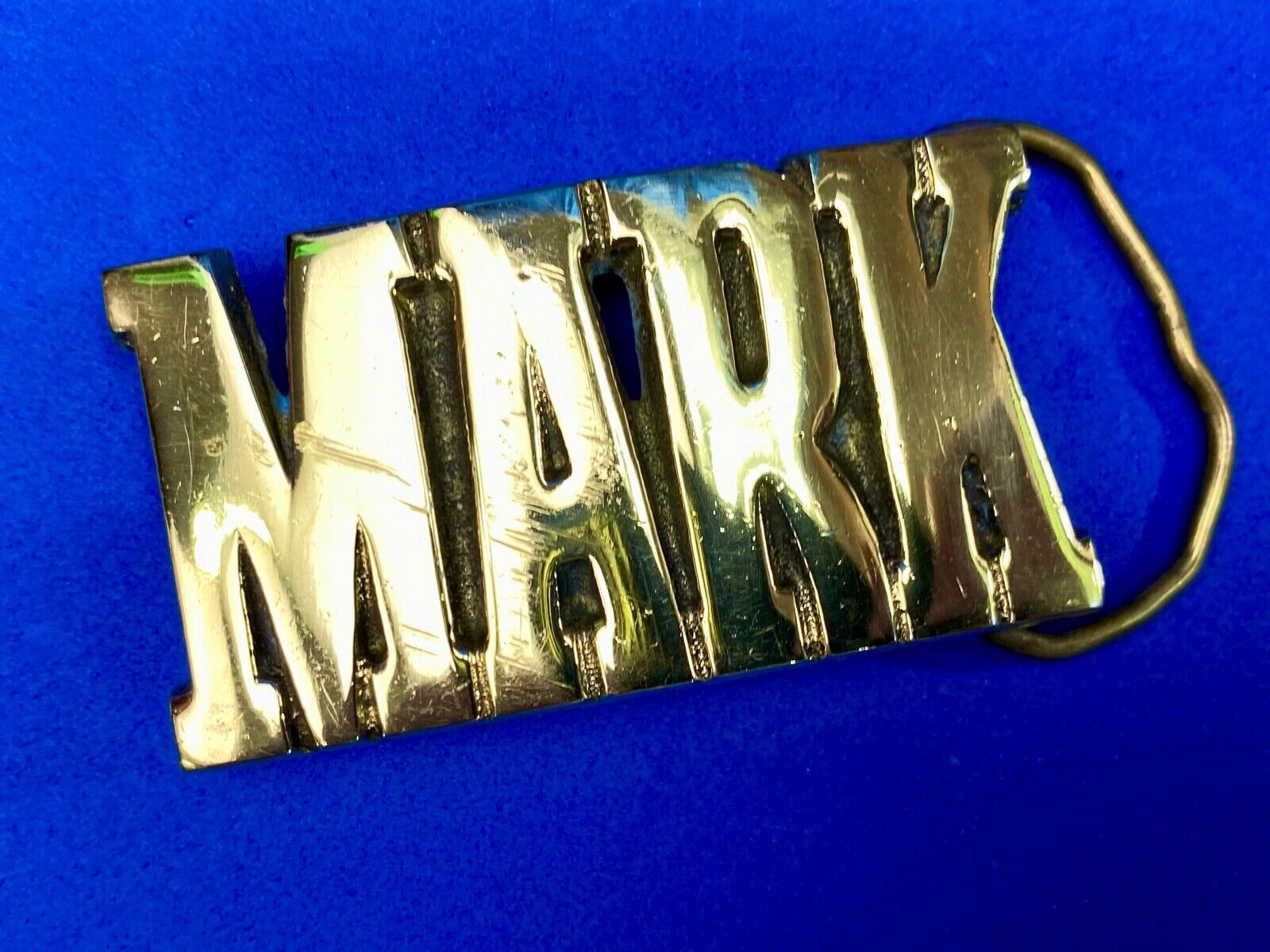 Vintage name Mark solid brass block letters belt buckle 
