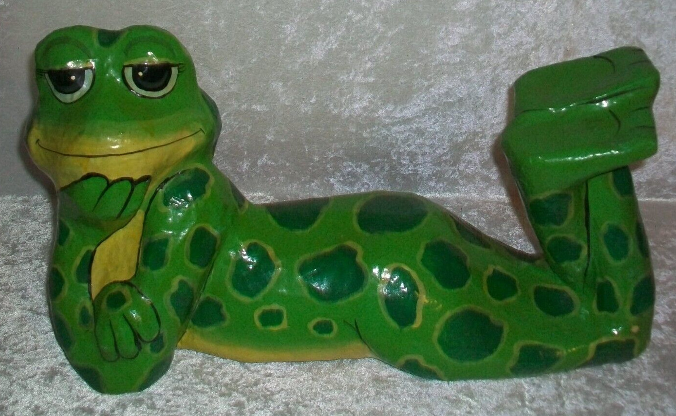 Vintage Anthropomorphic Green Paper Mache Frog Sculpture Figurine Thailand