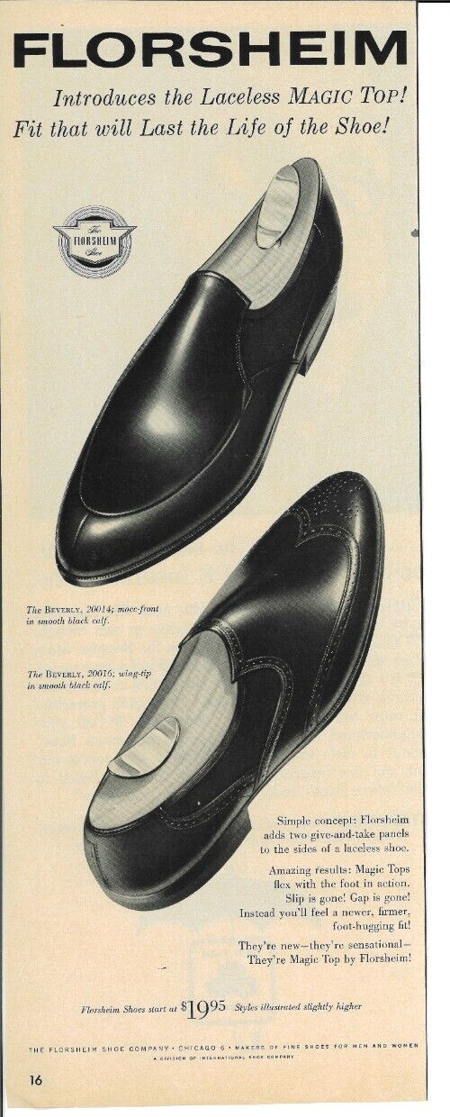 1960 FLORSHEIM Lace Less Mens Dress Shoes Wing Tip MOCC Front Vintage Print Ad