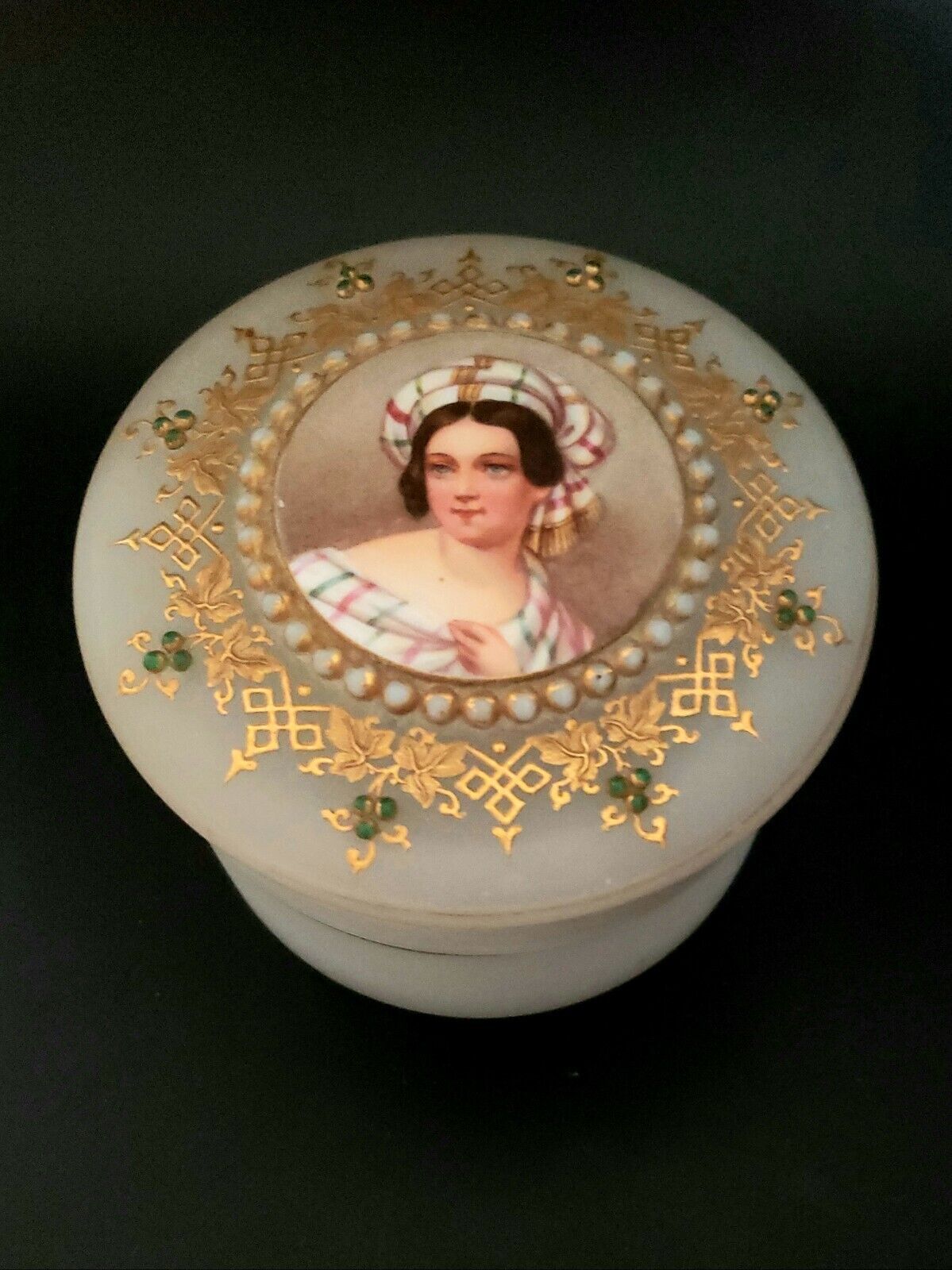 RARE Antique FRENCH Opaline Glass Jewelry BOX w Woman Portrait Hand Painted 19C.