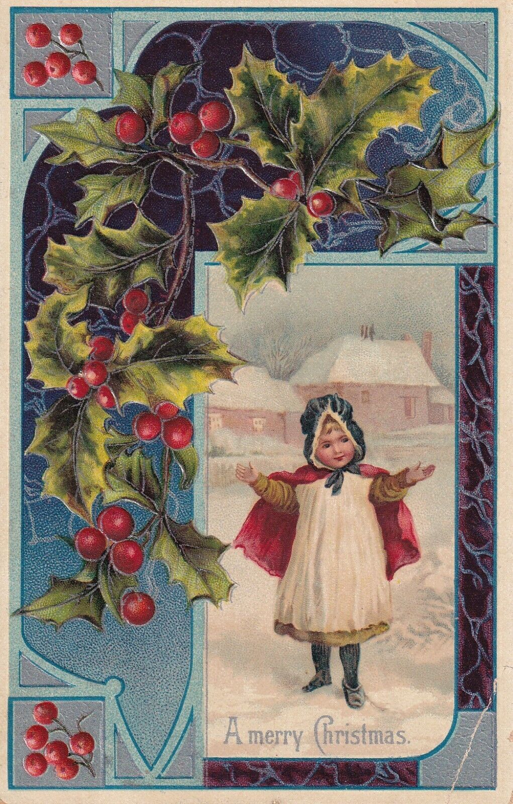Vintage A Merry Christmas Postcard 1912 Young Girl Standing In Snow Countryside