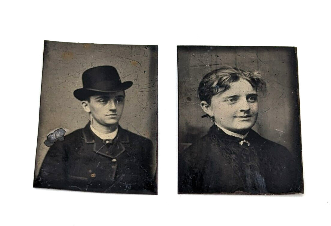 2x Lot Set Antique Victorian Tintype Small Photos of a Handsome Young Couple #1C