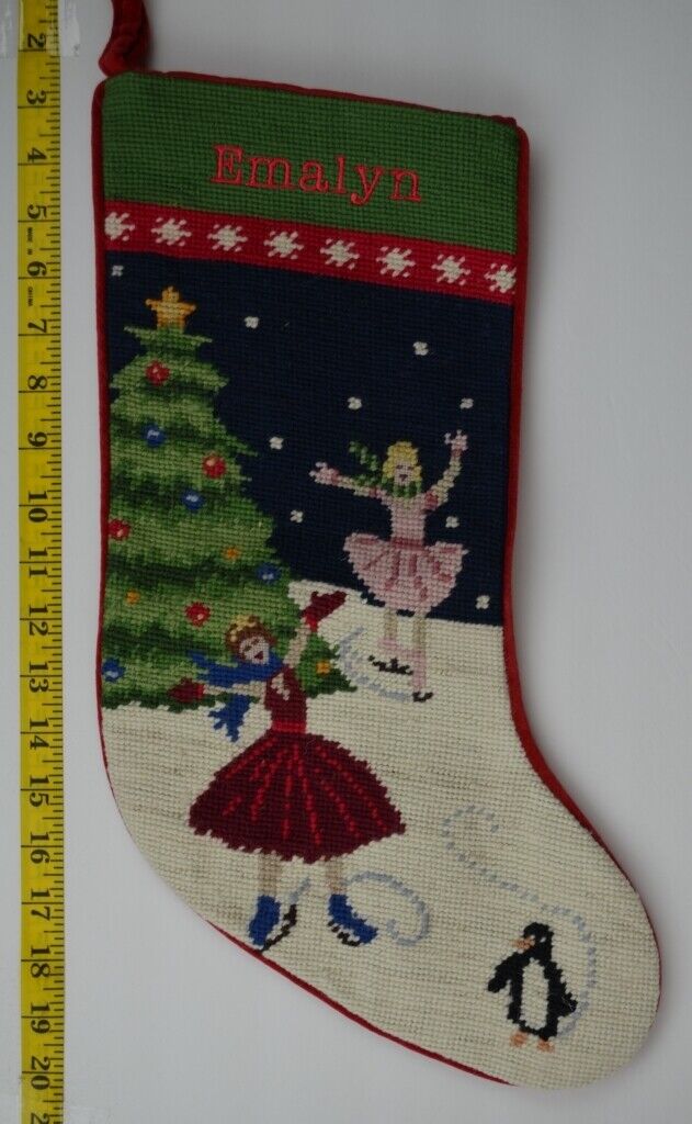 LANDS END Ice Skaters Wool Needlepoint Christmas Stocking Monogrammed EMALYN